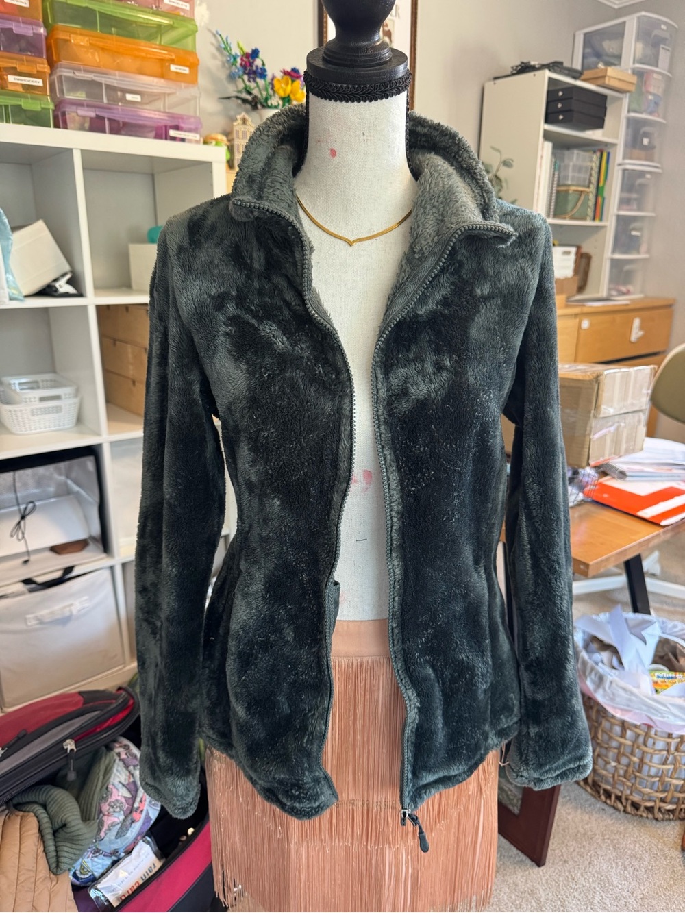 Plush Zip-Front Women's Jacket - Dark Gray/Green
